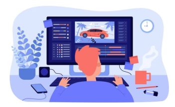 Animator sitting at workplace and creating motion design isolated flat vector illustration. Cartoon artist working on computer. Graphic creator profession and animation concept