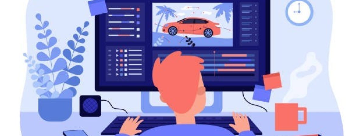 Animator sitting at workplace and creating motion design isolated flat vector illustration. Cartoon artist working on computer. Graphic creator profession and animation concept